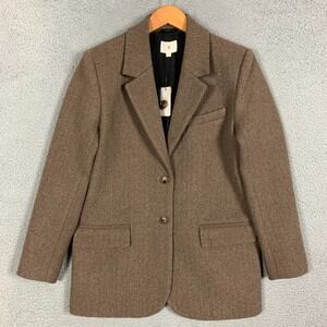 Little Puffy Blazer Jacket Womens 1 Tan Italian Wool Blend Herringbone Tweed NWT